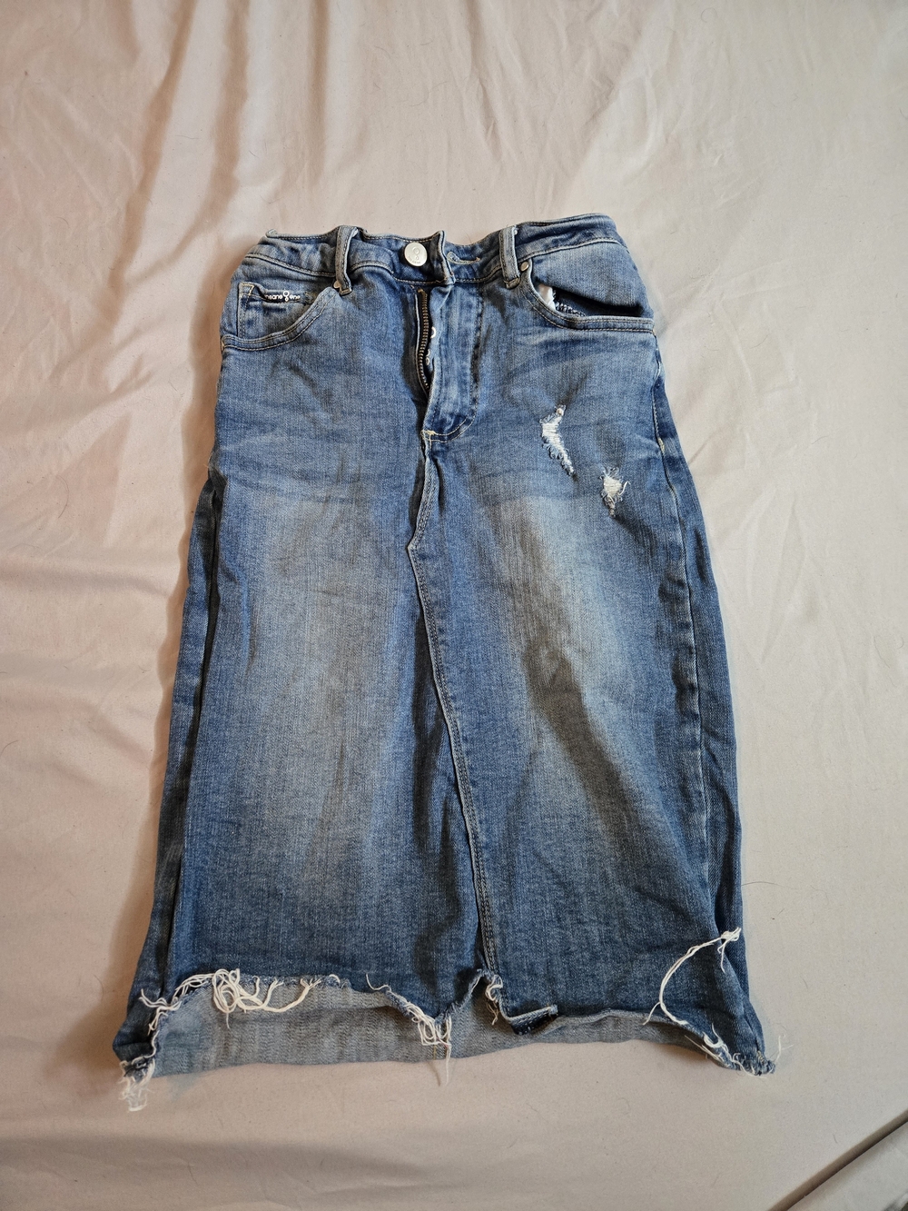 Insane Gene Distressed Blue Denim Midi Skirt - SMALL